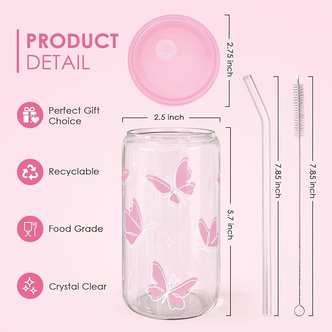 Butterfly 16 Oz Can Glass Tumbler with Acrylic Lid and Straw - Iced Coffee Cups for Women, Aesthetic Glass Cup Gift for Birthday Christmas