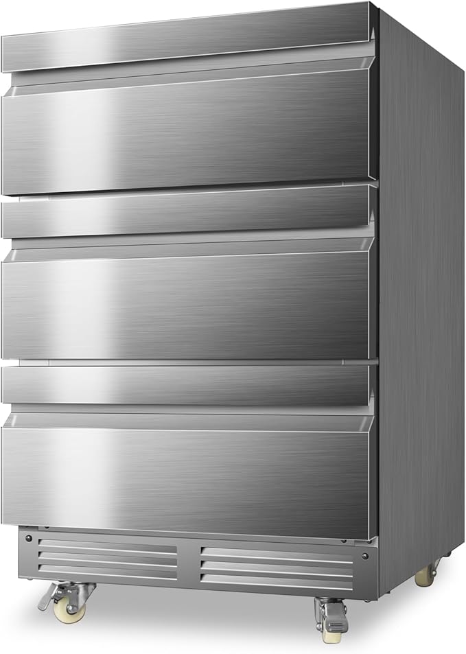 24 Inch Upgraded Three-Drawer Beverage Fridge, Weather Proof Outdoor Stainless Steel Beverage Refrigerator, Under Counter Built-in Beverage Cooler for Home & Commercial Use