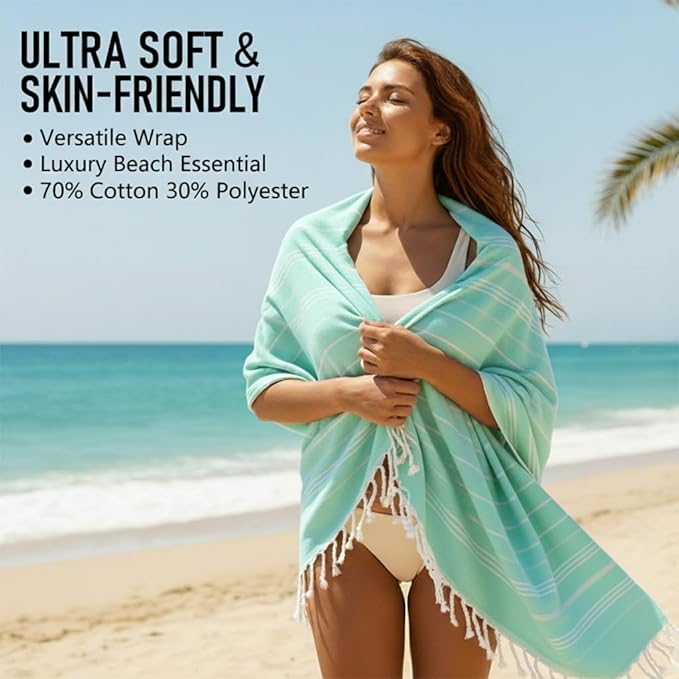 4 Pack Cotton Turkish Beach Towel Lightweight Thin Travel Vacation Essentials Oversized XL Towels Set for Pool Swim Bath Camping Cruise Accessories Absorbent Quick Dry Sand Proof Bulk clearance Stripe