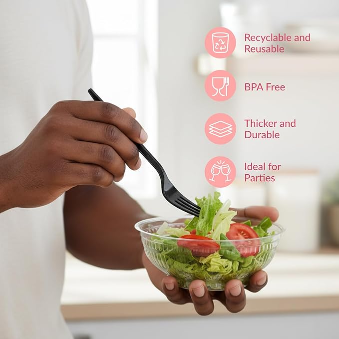 Prestee 100 Pack Black Plastic Silverware Forks - Heavy Duty Forks Disposable for Parties, Weddings, and Holidays - Elegant Heavyweight Cutlery and Flatware Set for Events and Celebrations