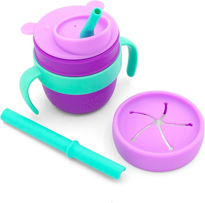 Easy Learn Drink and Snack Set – Baby + Toddler Silicone Learning Cup & Snack Set, Training Cup for Straw and Open Cup Independence – Dishwasher Safe (Grape)