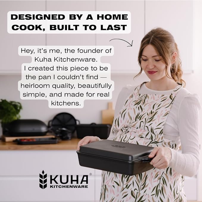 Kuha 2-in-1 Square Cast Iron Dutch Oven, 6 QT – Skillet Lid & Casserole Dish, Pre-Seasoned 13×9 Baking/Roasting Pan, Oven-Grill-Campfire Safe, Comes with Chainmail Scrubber