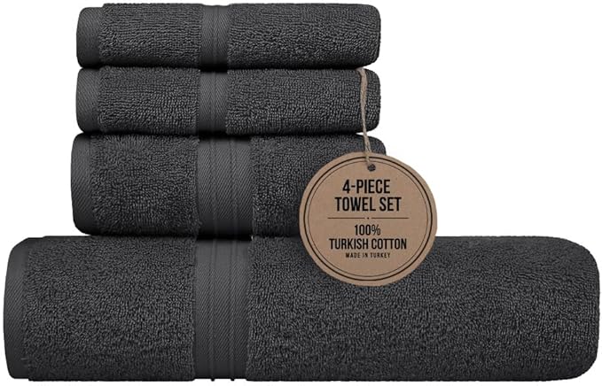Bathroom Towels Set of 4 - Soft & Absorbent 100% Cotton, Extra Soft - Includes 1 Bathroom Towel (28" x 56"), 1 Hand Towel (16"x28") and 2 Washcloths (12"x12") - Anthracite Gray