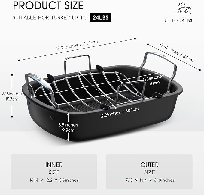 Roasting Pan, 17 Inch x 13 Inch Roaster with Removable Rack, Nonstick Roaster Pan for Roasting Turkey, Meat & Vegetables (Silver)