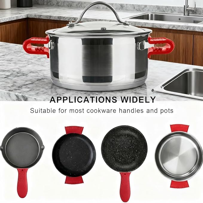 3 Pack Silicone Cast Iron Skillet Handle Cover - Heat Resistant Pot Handle Sleeve Grip for Frying Pans, Griddles, Dutch Ovens & Baking Sheets (Red)