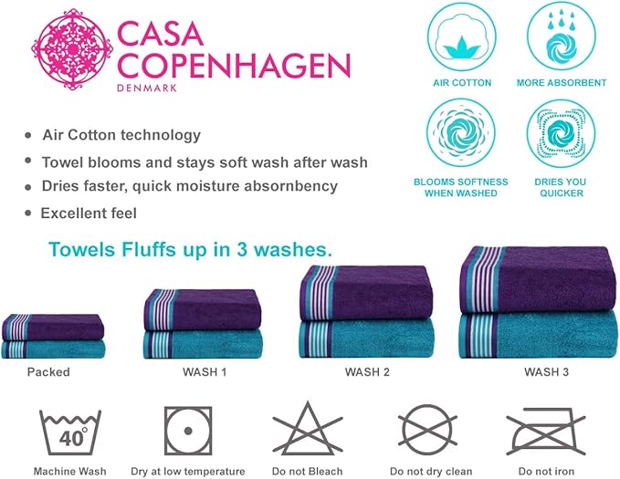 CASA COPENHAGEN Designed in Denmark 550 GSM 2 Large Bath Towels 2 Large Hand Towels 2 Washcloths, Super Soft Egyptian Cotton 6 Towels Set for Bathroom, Kitchen & Shower - Violet Indigo & Teal Green