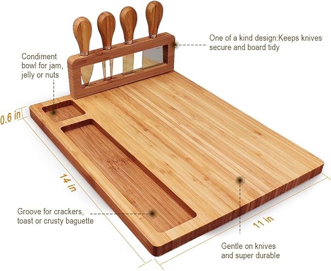 Bamboo Cheese Board Meat Charcuterie Platter Serving Tray W/ 4 Tableware Stainless Steel Knife, Home Kitchen Food Server Plate Cutter Cutlery Tool, Entertain Family Friend Guest as a Gift (14''x11'')