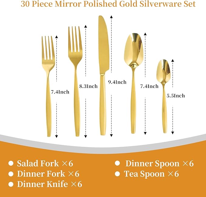 Gold 30-Piece Silverware Set,Stainless Steel Flatware Utensils Cutlery Set for 6,Including Steak Knife Fork and Spoon,Dishwasher Safe,Modern Tableware for Home & Dining