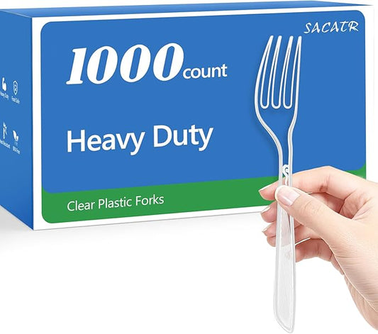 SACATR 1000 Count Heavy Duty Clear Plastic Forks,BPA-Free,Heat Resistant Disposable Plastic Forks Bulk, Solid Durable Premium Cutlery for Parties, Events and Everyday Use