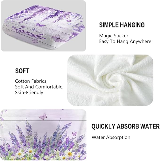 Lavender Hand Towels Set of 2 Lightweight Breathable Purple Floral Bath Towels Highly Absorbent Butterfly Lavender Towels for Bathroom Gym Hotel Decorative 28.7x13.7 Inch