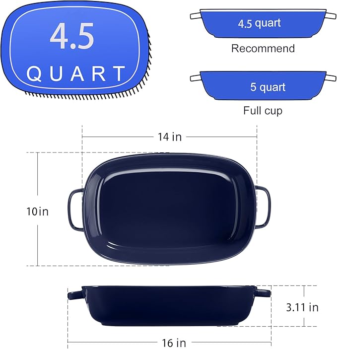 4.5 Quart Ceramic Baking Dish,Serving Bakeware for Casserole,Lasagna,Gratin,Broiling,Roasting,and Baking.Large Deep 14x10x3.11 inches Pan,Safe for Oven Microwave Refrigerator Disinfection Cabinet and