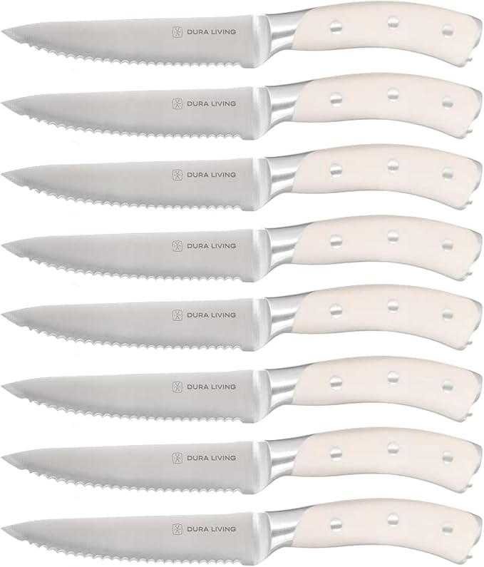 DURA LIVING 8-Piece Serrated Kitchen Steak Knife Set – Forged High Carbon Stainless Steel, Ultra Sharp, Ergonomic Black Handles, Durable Dinner Knives, Cream Handle