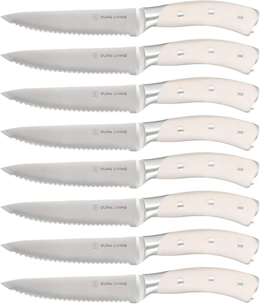 DURA LIVING 8-Piece Serrated Kitchen Steak Knife Set – Forged High Carbon Stainless Steel, Ultra Sharp, Ergonomic Black Handles, Durable Dinner Knives, Cream Handle