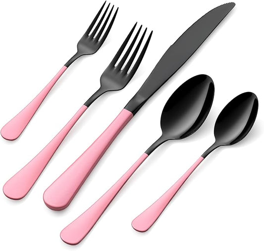 20-Pieces Blac and Pink Silverware Sets for 4,Pink Handle Stainless Steel Cutlery Set, Include Forks Spoons and Knives Set, Dishwasher Safe Utensil Sets for Home Restaurant