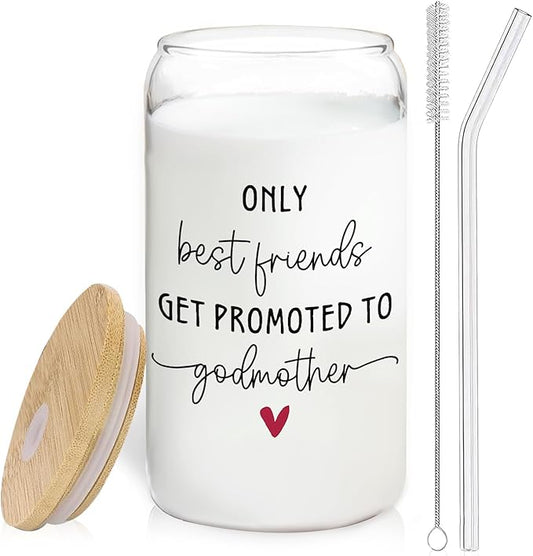 Promoted to Godmother Glass Cup with Lids and Straws 14oz, Godmother Proposal Mother's Day Gifts for Best Friends Glass Iced Coffee Tumbler Drinking Jars with Cleaning Brush