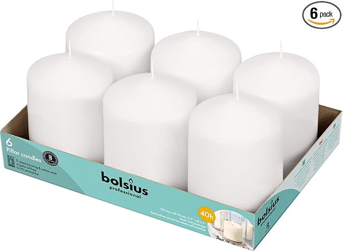 BOLSIUS 6 White Pillar Candles Bulk - 3x4 Inches Candle Set - 40+ Hours Clean Burning - No Palm Oil - 0% Animal Fat - Premium European Quality - Unscented Dripless Restaurant Pillars