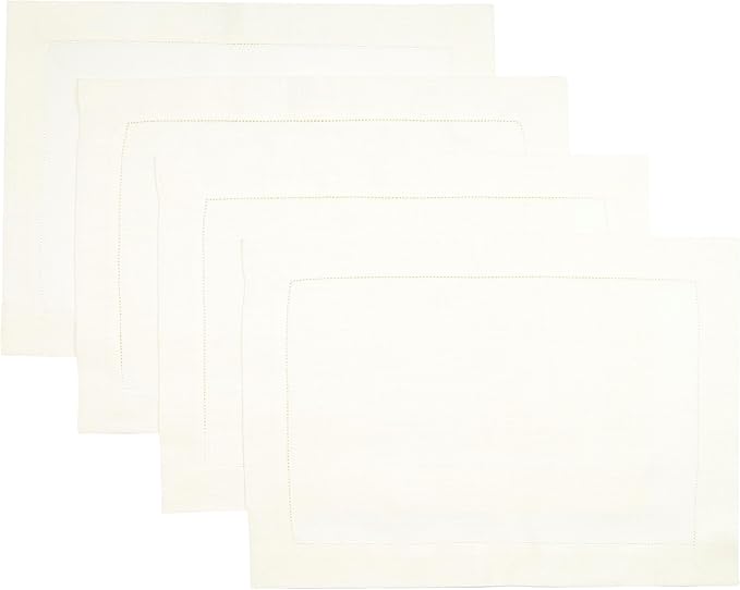 D'Moksha Homes Linen Placemats Set of 4 - Classic Hemstitch Ivory Placemats 14 x 19 Inch - 100% Pure Linen Table Mats for Winter, Holiday, New Year - Handcrafted and Machine Washable