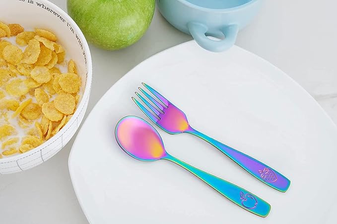 CHILLOUT LIFE Stainless Steel Kids Silverware Set 6 Pieces - Child and Toddler Safe Flatware - Kids Utensil Set - Metal Kids Cutlery Set (Includes 3 Small Kids Spoons & Kids 3 Forks, UV Rainbow)