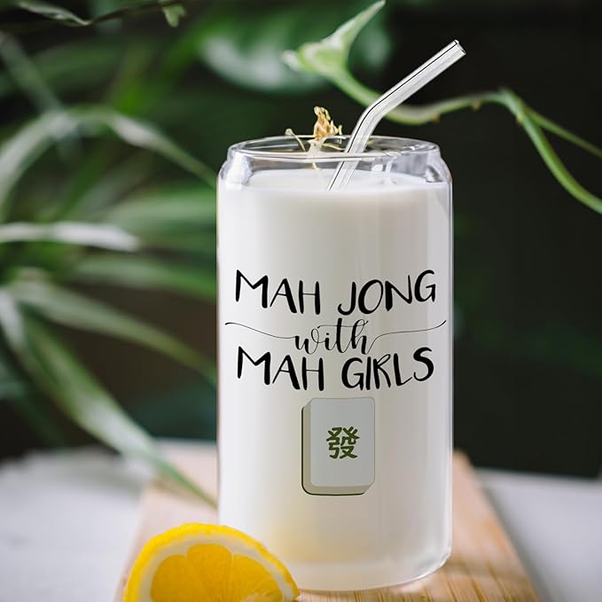 Mahjong Gifts for Women Glass Cup with Lids and Straws 14oz, Gifts for Mahjong Players Lovers Women, Mah Jong with Mah Girls Glass Iced Coffee Tumbler Drinking Jars with Cleaning Brush