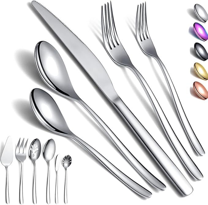 Silverware Set 46 Piece - Stainless Steel Flatware Set With Cake Server, Serving Spoons, Forks, Sugar Spoon, Butter Knife (Shiny Silver)
