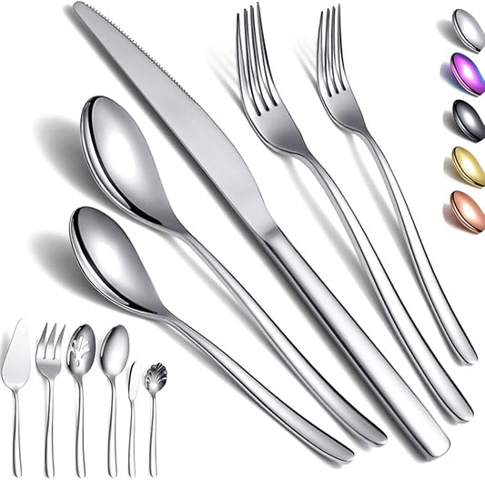 Silverware Set 46 Piece - Stainless Steel Flatware Set With Cake Server, Serving Spoons, Forks, Sugar Spoon, Butter Knife (Shiny Silver)