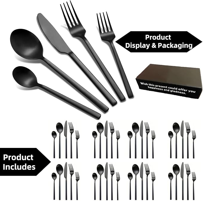 40-Piece Black Silverware Set, Rectangular Flatware Set for 8, Matte Stainless Steel Cutlery Set, Home Essentials and Kitchen Utensils Set, for Restaurant, Party And Wedding, Dishwasher Safe