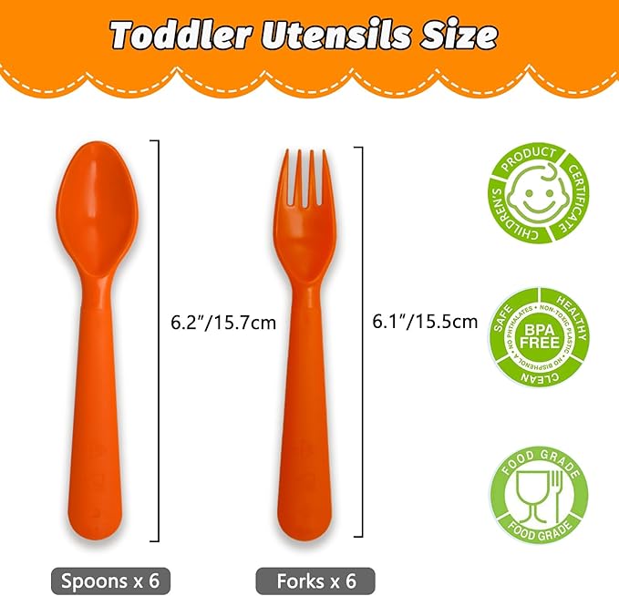 12 Pcs Kids Spoons and Forks Toddler Utensils Plastics Reusable Silverware Baby Cutlery Set Feeding Dinnerware Utensils BPA Free Microwave Dishwasher and Freezer Safe- Rainbow
