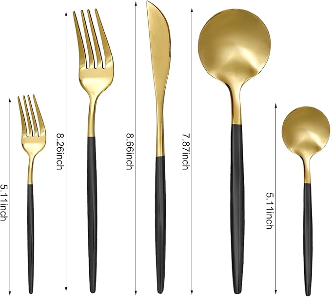 30 Piece Matte Black Gold Silverware Set, Flatware Set for 6, Forks Spoons Set, Food-Grade Stainless Steel Cutlery Set (Gold/Black)