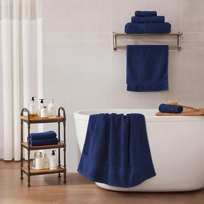COZYART Navy Blue Bath Towel Set, Turkish Cotton Hotel 6 Piece Towel Sets for Bathroomof 6 with 2 Bath Towels, 2 Hand Towels, 2 Washcloths, 650 GSM