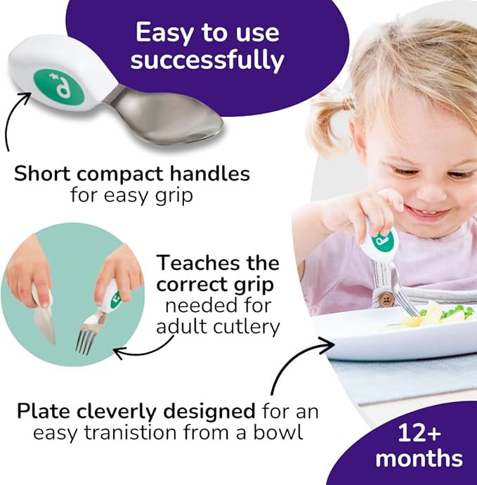 doddl Toddler Utensils, Ergonomic Fork and Spoon Set for Self Feeding, Stainless Steel Silverware for 1-3 Year Olds, BPA Free, Dishwasher Safe (Aqua (Twin Pack))