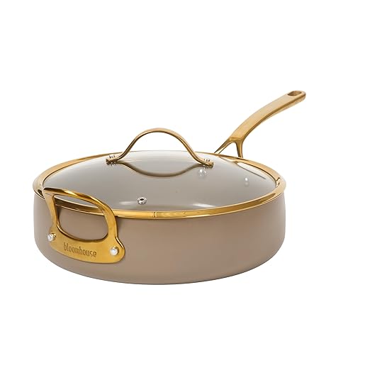 Bloomhouse - Two Time Oprah's Favorite Things Winner - 6 QT Heavy Duty Aluminum Premium PFA Free Ceramic Nonstick Saute/Deep Frying Pan Skillet with Lid - Cappuccino Cream with Gold Handle