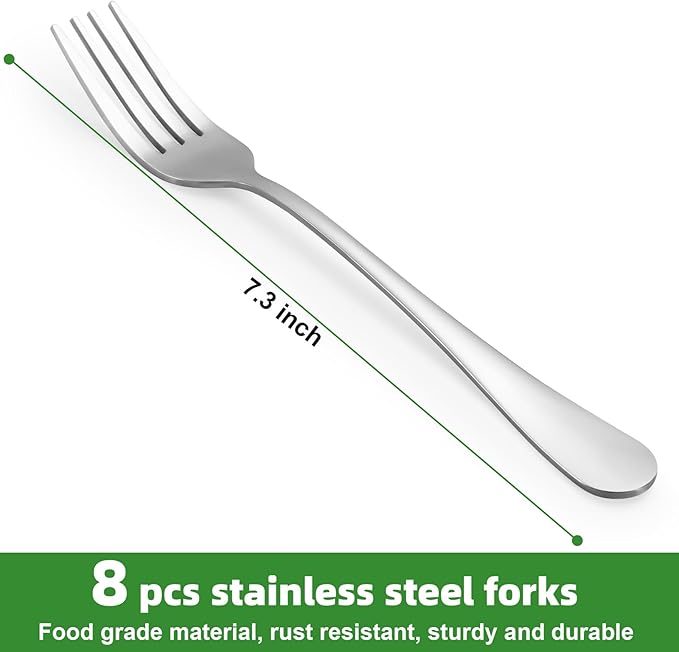 8 Piece Dinner Forks Set, Food-Grade Stainless Steel Forks Silverware, Cutlery Fork, Salad Fork, Metal Forks for Home, Kitchen or Restaurant, Mirror Polished, Dishwasher Safe - 7.3 Inch