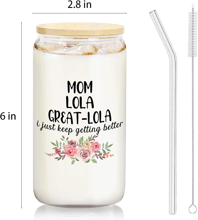 Christmas Grandma Gifts For Grandma Mom Lola Great Lola Glass Coffee Cup With Lid And Straws 14oz - christmas Glass Cup gifts For Grandmother