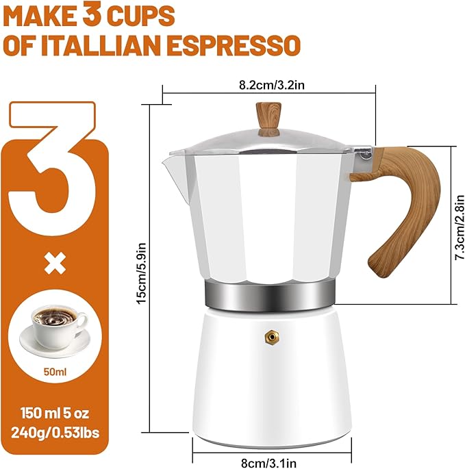 3 Cup Aluminum Espresso Stovetop Moka Pot Express Coffee Maker Percolator Italian Classic Mocha Coffee Machine for Italian and Cuban Cafe Brewing for Home & Camping 150ml 5oz