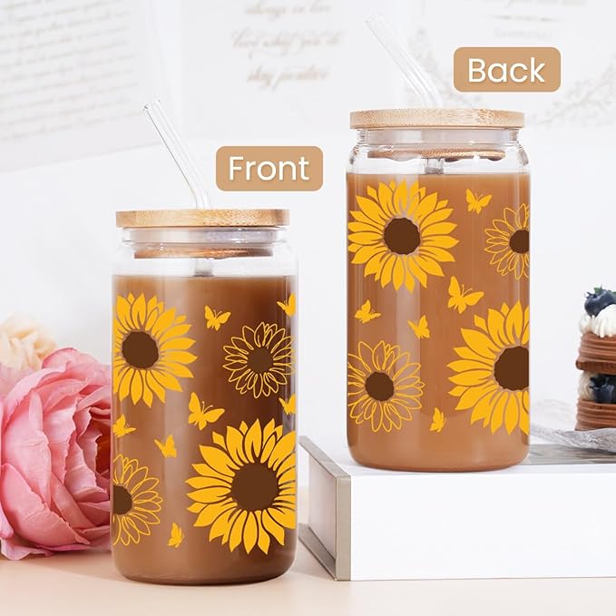 SANDJEST Sunflower Gifts for Women - Sunflower Cup 16 Oz Can Glass Coffee Cups with Bamboo Lid and Straw - Gift for Birthday
