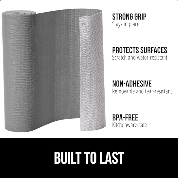 GORILLA GRIP DripGuard Shelf Liner, Non Adhesive Drawer and Kitchen Cabinet Protector, Slip Resistant BPA Free Smooth Surface Plastic Liners for Cabinets, Bathrooms, Closets, 12x240 Inch, Gray