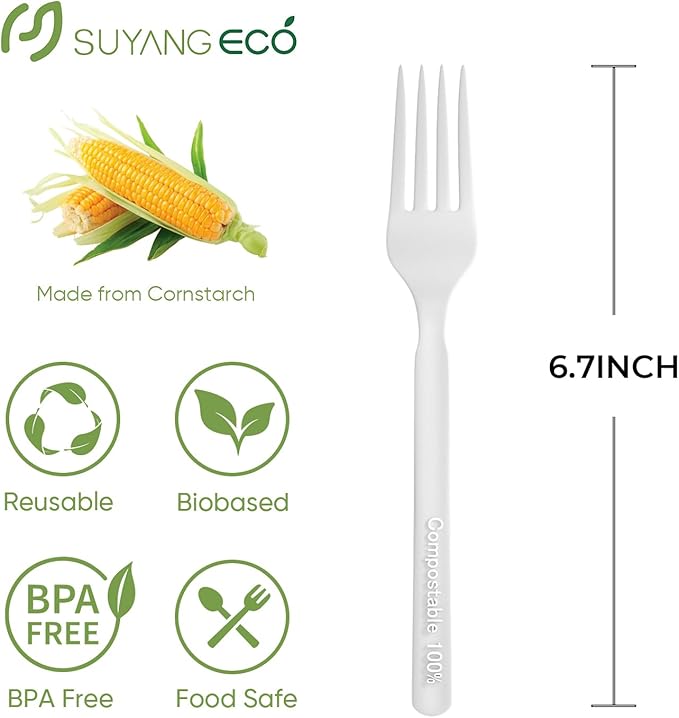 300 Count Compostable Forks Bulk（6.7 in.）No Plastic Forks Heavy Duty Biodegradable Fork Eco Friendly Durable for Lounge Party Wedding Picnic Camping