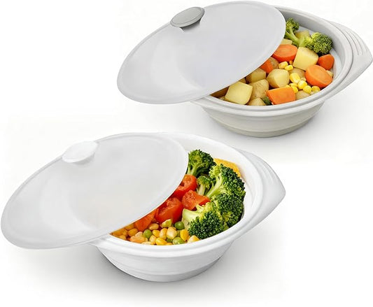 2 Pack White and Gray Silicone Steamer Microwave, 44oz Collapsible Vegetable Steamer Microwave with Magnetic Lid, Space-Saving Design, Dishwasher Safe Silicone Bowl for Cooking Veggies, Dumplings