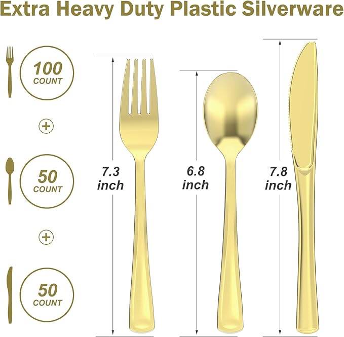 200 Count Heavy Duty Gold Plastic Silverware, 100 Forks, 50 Spoons, 50 Knives, BPA-Free, Heat Resistant, Disposable Plastic Utensils Set Cutlery Set, Plasticware Bulk