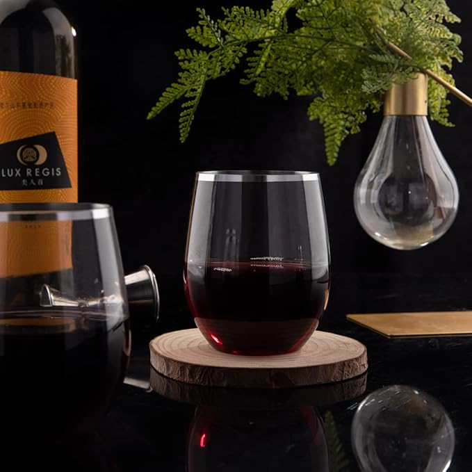 SUT 24 Disposable Stemless Wine Glasses, 12OZ Plastic Party Wine Cups, Silver Unbreakable wine Glasses, Shatterproof Reusable and BPA-Free, Clear Drinking Perfect for Outdoor Party, Wedding