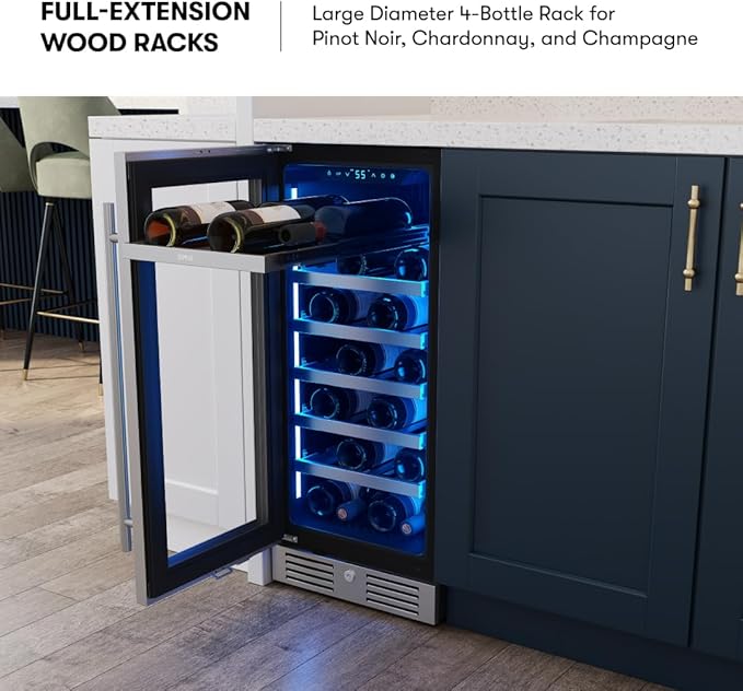 Zephyr Presrv 15 Inch Wine Fridge Single Zone Under Counter - Slim Narrow Wine Cooler Cellars Small Cabinet Wine Refrigerator Home Bar Chiller Freestanding with Glass Door - 27 x 750ml Bottles