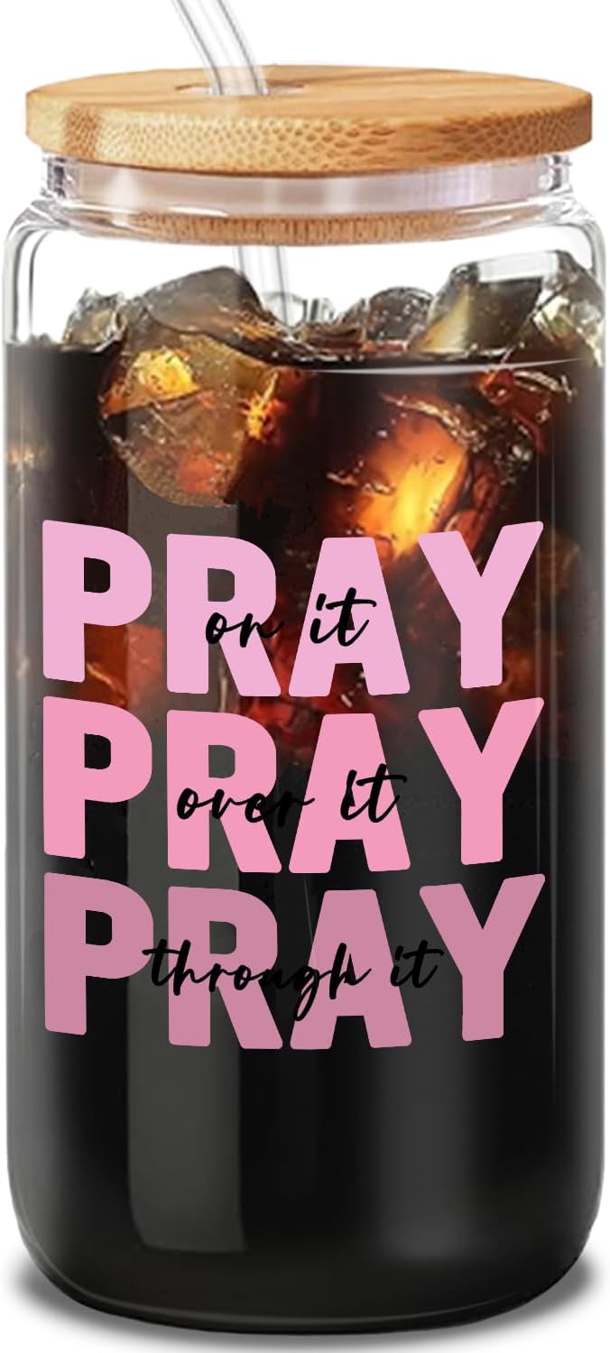 Pray on It Pink Tumbler - 16oz Iced Coffee Cup with Lid and Straw, Birthday and Valentine’s Gift for Pink Lovers, Women Friends and Coworkers