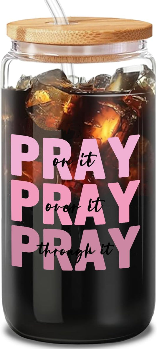 Pray on It Pink Tumbler - 16oz Iced Coffee Cup with Lid and Straw, Birthday and Valentine’s Gift for Pink Lovers, Women Friends and Coworkers