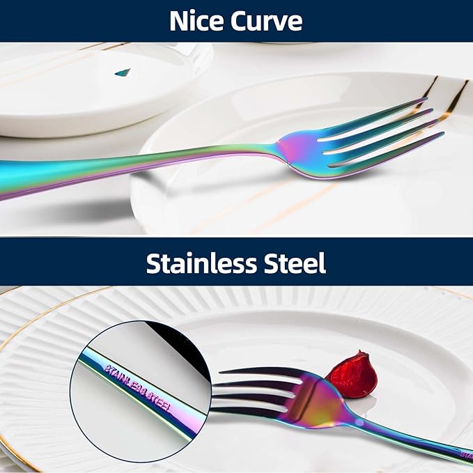 16 Piece Dinner Forks, 8 Inch, Top Food Grade Extra-Fine Stainless Steel Silverware Forks, For Home Kitchen Restaurant, Dishwasher Safe(Rainbow)