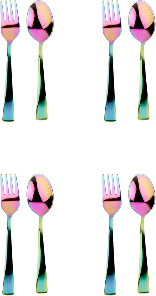 Ahimsa Stainless Steel Kids Utensils - 8 Pieces Kids Fork and Spoon Set, Pediatrician Designed Rainbow Silverware Set, 100% BPA Free & Dishwasher Safe (Rainbow)