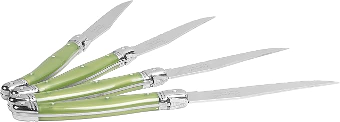 French Home Laguiole 4-Piece Steak Knife Set – Sophisticated Stainless Steel Dinner Knives with Spring Green Handles & Iconic Bee Emblem – Serrated Knives for Smooth Cutting (9.25")