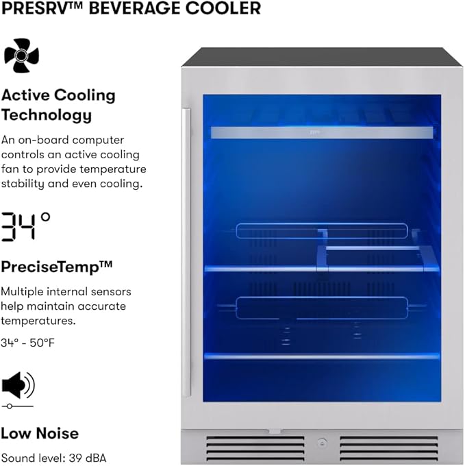 Zephyr Presrv 24 Inch Beverage and Wine Fridge Single Zone Under Counter, Built-in Drink Refrigerator, 7 Bottles, 108 x12oz Cans