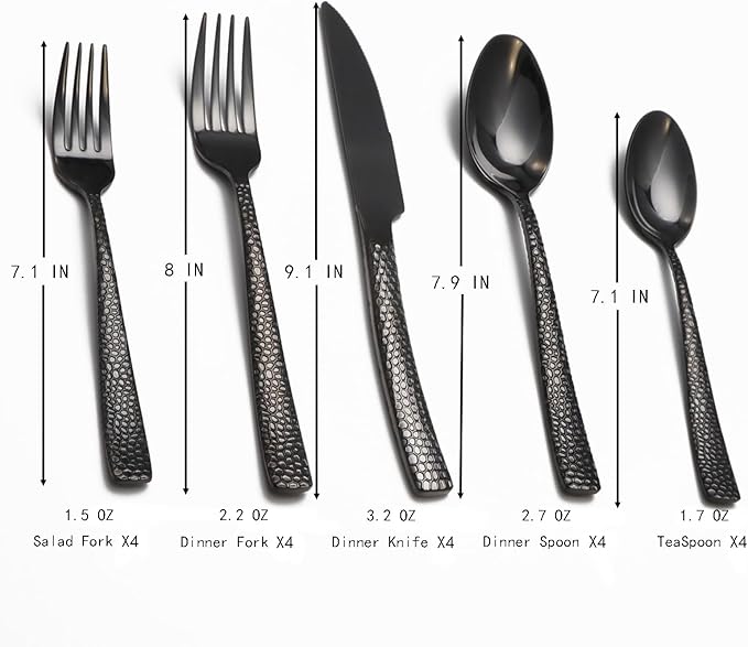 Black Hammered Silverware Set, 20 Piece Stainless Steel Flatware Set for 4, Food-Grade Tableware Cutlery Set for Home Restaurant, Mirror Polished, Dishwasher Safe