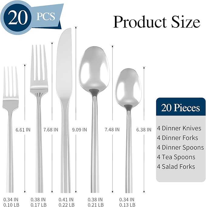 Silverware Set 20-Piece Stainless Steel Mirror Polishing Silver Cutlery, Hand Forged Thick Hexagon Handle Flatware Sets, Service for 4