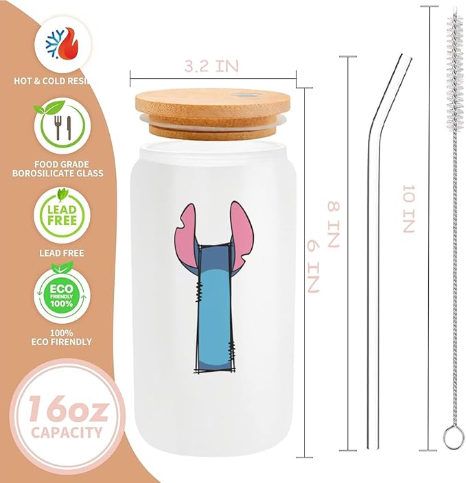 Cute Cartoon Lover Gifts Initial A-Z Personalized Iced Coffee Cup Cartoon Merch 16oz Glass Cup with Lid and Straws Birthday Christmas Gifts for Women Teen Girls Fans (Letter I)